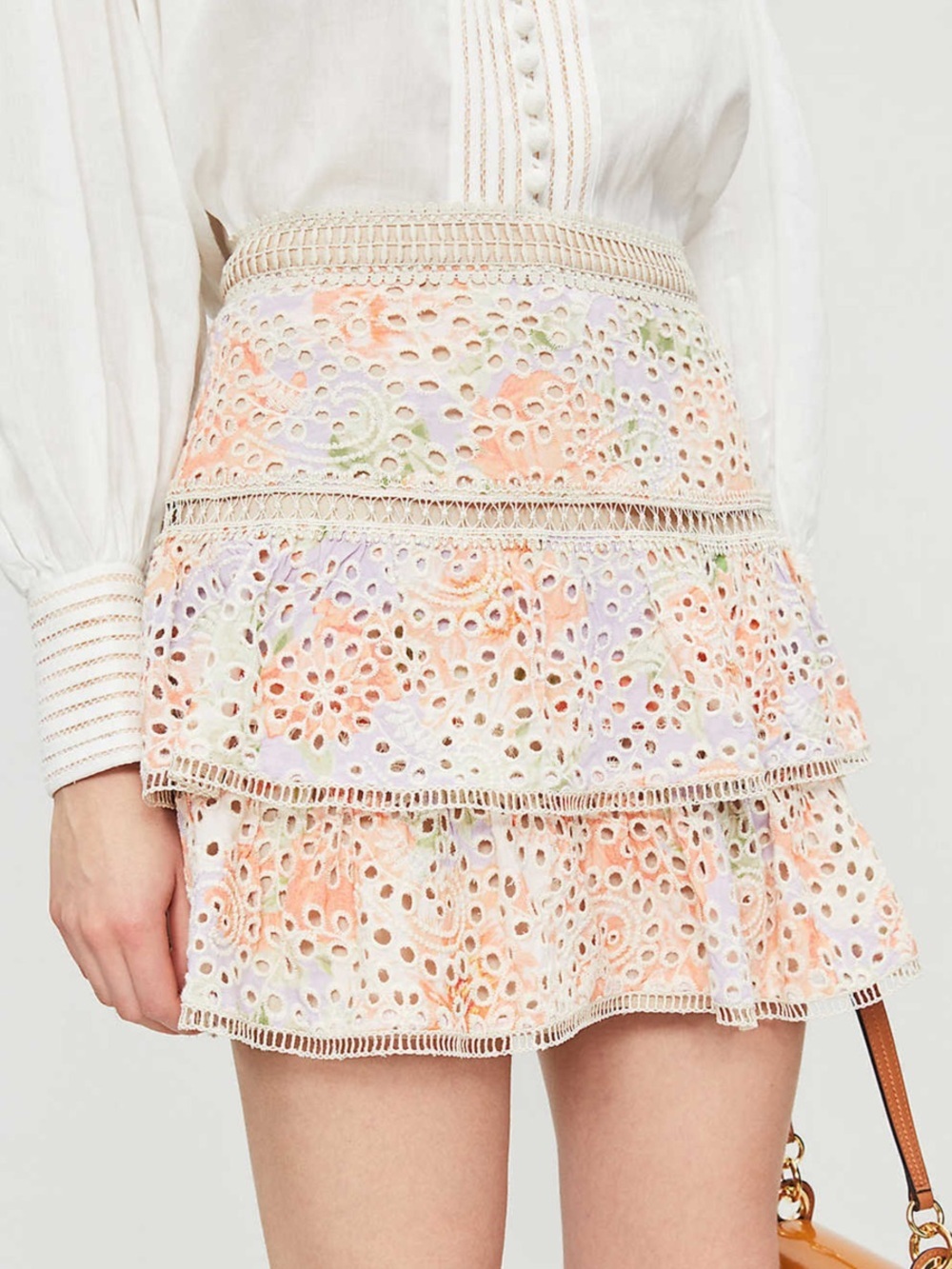 Alice + Olivia Kirsten Embroidered Eyelet Ruffled Mini Skirt (126)